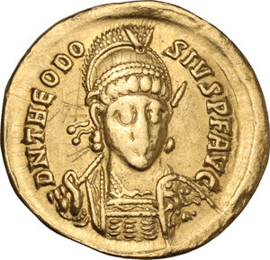 obverse: Theodosius II (402-450). AV Solidus, Constantinople mint, 397-402