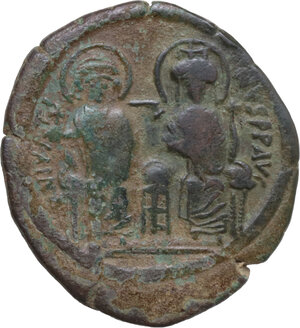 obverse: Justin II and Sophia (565-578). AE Follis. Constantinople mint, 1st officina. Dated RY 1 (565-566)