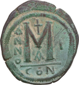 reverse: Justin II and Sophia (565-578). AE Follis. Constantinople mint, 1st officina. Dated RY 1 (565-566)