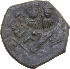 obverse: Heraclius (610-641) with Heraclius Constantine. AE Overstruck Follis, Syracuse mint, 630-641