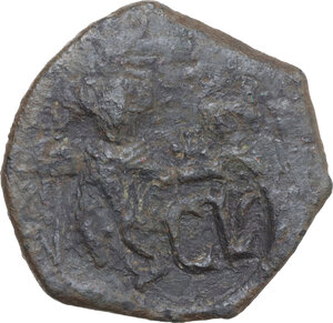 reverse: Heraclius (610-641) with Heraclius Constantine. AE Overstruck Follis, Syracuse mint, 630-641