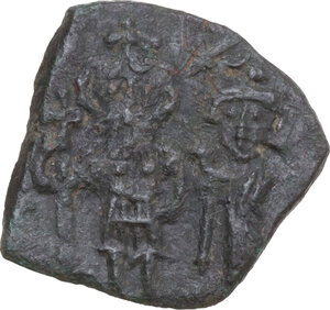 obverse: Constans II, with Constantine IV, Heraclius, and Tiberius (641-668). . AE Follis, Syracuse mint, 659-668