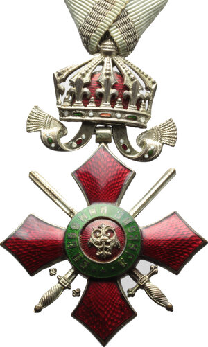 obverse: Bulgaria. Decoration of the Order of Military Merit (established on May 18, 1900), Knight of the 5th Class, with crown and ribbon