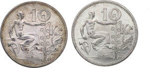 reverse: Czechoslovakia. Lot of two (2) AR 10 Korun coins, years 1930 and 1932