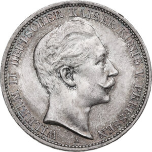 obverse: Germany. Wilhelm II (1888-1918). AR 3 Mark, 1909 A, Berlin mint