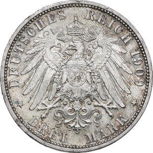 reverse: Germany. Wilhelm II (1888-1918). AR 3 Mark, 1909 A, Berlin mint