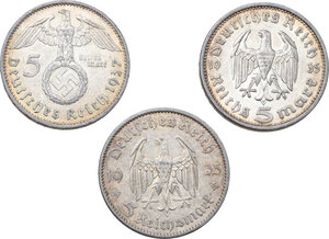 reverse: Germany. Third Reich. Lot of three (3) AR 5 Mark, noted years: 1935 and 1937