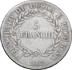 reverse: Italy. Elisa Bonaparte and Felice Baciocchi (1805-1814). AR 5 Franchi, Principality of Lucca and Piombino, 1807