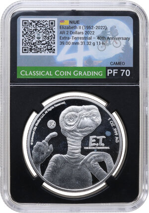 obverse: Niue. Elizabeth II (1952-2022). AR 2 Dollars 2022 E.T. (Extra-Terrestial). AR. 31.32 g. Ø 39 mm. In slab Classical Coin Grading Cameo PF 70 Original emission issued to commemorate the 40th anniversary of Steven Spielberg s E.T. cult movie.