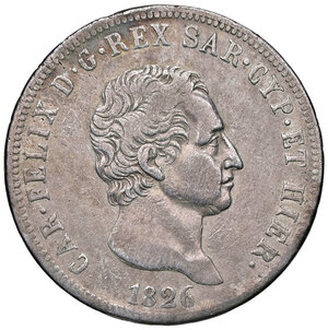 obverse: CARLO FELICE, 5 Lire, 1826-T