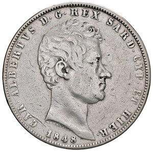 obverse: CARLO ALBERTO, 5 Lire, 1848-G