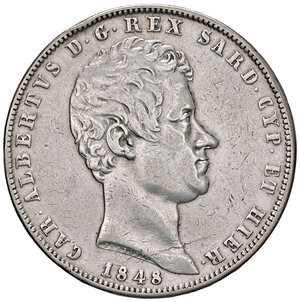 obverse: CARLO ALBERTO, 5 Lire, 1848-T