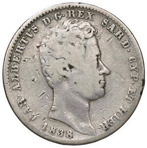 obverse: CARLO ALBERTO, 1 Lira, 1838-G