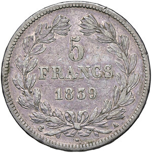 reverse: FRANCIA, Luigi Filippo - 5 Franchi, 1839 A