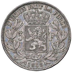 reverse: BELGIO, Leopoldo II - 5 franchi, 1868