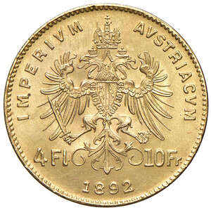 reverse: AUSTRIA, Franz Joseph I - 10 Franchi. Vienna., 1892