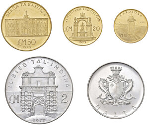 reverse: MALTA, Set di 5 valori. 50, 20, 10, 4 e 2 Liri, 1973