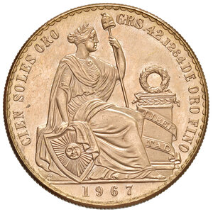 reverse: PERU, Perù. Repubblica (1822-Oggi). 100 Soles Oro, 1967