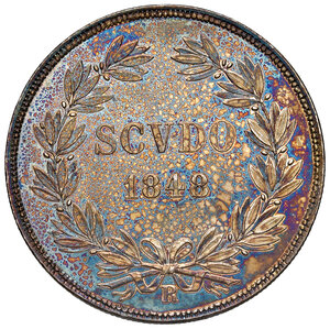 reverse: Pio IX (1846-1878). Roma. Scudo 1848 anno II AG. Pagani 311. MIR 3117/6.  Intensa ed insolita patina iridescente, q.FDC 