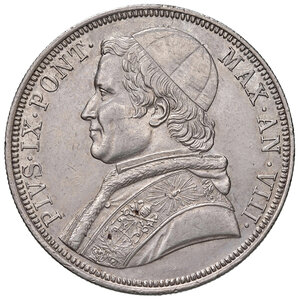 obverse: Pio IX (1846-1878). Roma. Scudo 1853 anno VIII AG. Pagani 395. MIR 3137/4. Lievissimo colpetto sul ciglio del rov., altrimenti SPL 