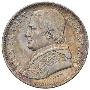 obverse: Pio IX (1846-1878). Roma. Da 20 baiocchi 1865 anno XIX AG. Pagani 426a. MIR 3157/2. q.FDC 