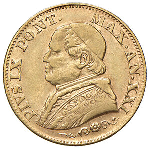 obverse: Pio IX (1846-1878). Roma. Monetazione decimale, 1866-1870. Da 10 lire 1866 anno XXI AV. Pagani 540. MIR 3163/1. Rara. Buon BB/q.SPL 