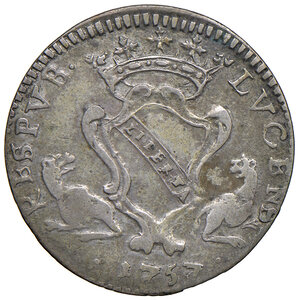 obverse: Lucca. Emissioni del sec. XVIII. Monete con data. Barbone da 12 soldi 1757 AG gr. 2,47. Bellesia 82. MIR 223/3. BB 