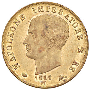 obverse: Milano. Napoleone I re d’Italia (1805-1814). Da 40 lire 1814 AV. Pagani 17a. Crippa 24/G. MIR 488/7. Fondi lucenti e conservazione eccezionale, q.FDC 