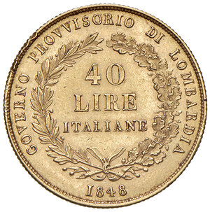 obverse: Milano. Governo provvisorio di Lombardia (1848). Da 40 lire 1848 AV. Pagani 211. Crippa 1. MIR 525. Ex asta Nomisma 62/2020, 678. Rara. Colpetti sul ciglio del dr., altrimenti q.SPL