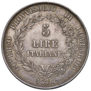 obverse: Milano. Governo provvisorio di Lombardia (1848). Da 5 lire 1848 AG. Pagani 213. Crippa 3/A. MIR 527. q.SPL