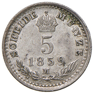 reverse: Milano. Francesco Giuseppe I d’Asburgo-Lorena (1848-1866). Monetazione imperiale. Da 5 soldi austriaci 1859 AG. Pagani 237. Crippa 20. MIR 547. SPL 