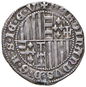 obverse: Napoli. Ferdinando I d’Aragona (1458-1494). Carlino (sigla B; Benedetto Cotrullo m.d.z. 1460-1468) AG gr. 3,55. P.R. 21c. MIR 72/3. Vall-Llosera i Tarrés 104.  Raro. Buon BB 