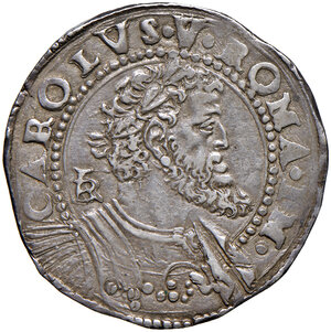 obverse: Napoli. Carlo d’Asburgo re di Spagna, delle Due Sicilie etc… (1516-1556), V come imperatore del S.R.I. (1519-1554). Mezzo ducato (sigle IBR; Giovan Battista Ravaschieri m.d.z., dal 1548) AG gr. 14,95. P.R. 14. MIR 135. Magliocca 31. Raro. Patina di medagliere e vigoroso ritratto, q.SPL 