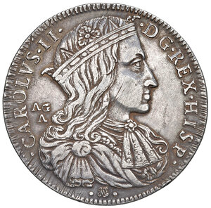 obverse: Napoli. Carlo II di Spagna (1665-1700). II periodo: re, 1674-1700. Ducato da 100 grana 1689 (sigle AG/A; Andra Giovane m.d.z. e Marco Antonio Ariani m.d.p.) AG gr. 25,47. P.R. 2a. MIR 293/1. Magliocca 6. Raro. Bella patina iridescente, q.SPL 