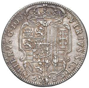 reverse: Napoli. Carlo II di Spagna (1665-1700). II periodo: re, 1674-1700. Ducato da 100 grana 1689 (sigle AG/A; Andra Giovane m.d.z. e Marco Antonio Ariani m.d.p.) AG gr. 25,47. P.R. 2a. MIR 293/1. Magliocca 6. Raro. Bella patina iridescente, q.SPL 