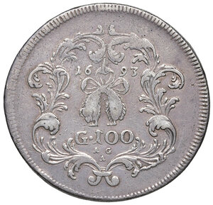 reverse: Napoli. Carlo II di Spagna (1665-1700). II periodo: re, 1674-1700. Ducato da 100 grana 1693 (sigle AG/A; Andra Giovane m.d.z. e Marco Antonio Ariani m.d.p.) AG gr. 21,61. P.R. 3. MIR 294. Magliocca 7. Ex asta Bolaffi 18/2011, 327. BB 