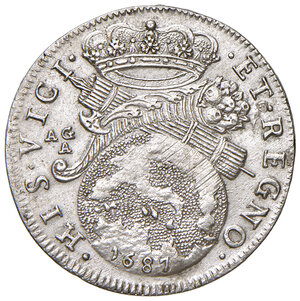 reverse: Napoli. Carlo II di Spagna (1665-1700). II periodo: re, 1674-1700. Tarì 1687 (sigle AG/A) AG gr. 5,65. P.R. 14. MIR 298/6. Magliocca 19. SPL 