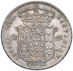 reverse: Napoli. Carlo di Borbone (1734-1759). Piastra da 120 grana 1750 AG gr. 25,26. P.R. 29a. MIR 337/1. Magliocca 141. Rara. Patina iridescente, SPL