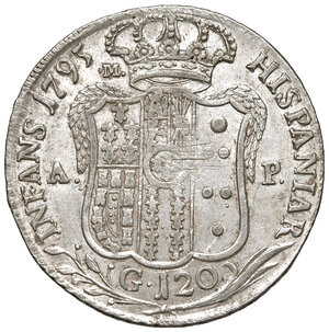 reverse: Napoli. Ferdinando IV di Borbone (1759-1816). I periodo: 1759-1799. Piastra da 120 grana 1795 AG gr. 27,59. P.R. 61. MIR 373. Magliocca 257. Buon BB  