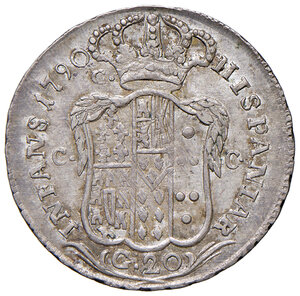 reverse: Napoli. Ferdinando IV di Borbone (1759-1816). I periodo: 1759-1799. Da 20 grana 1790 AG gr. 4,61. P.R. 80. MIR 384/1. Magliocca 277. Molto rara. Patina di medagliere iridescente, SPL  