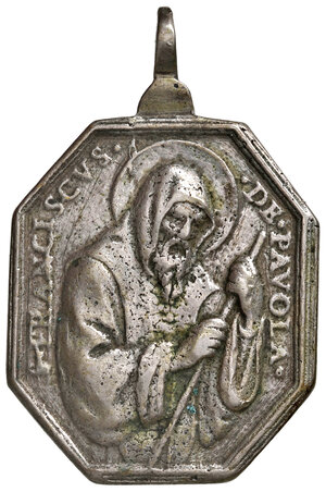 obverse: Napoli. Regnando Ferdinando IV di Borbone (sec. XVIII). Medaglia devozionale dedicata a San Francesco di Paola AG gr. 26,42. Opus: autore sconosciuto.  Molto rara. Appiccagnolo d’epoca. 