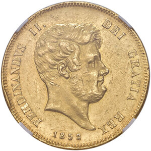 obverse: Napoli. Ferdinando II di Borbone (1830-1859). Da 15 ducati 1852 (cifra 2 su 1) AV. Pagani 155. P.R. 23. MIR 491/5. Magliocca 504. In slab Classical Coin Grading AU 55 (colpetti al ciglio e segni), cert.n. AB362339.  Rara. Colpetti sul ciglio e lievi segnetti, altrimenti q.SPL 