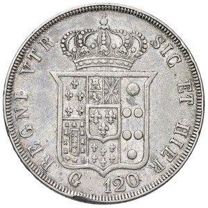 reverse: Napoli. Ferdinando II di Borbone (1830-1859). Da 120 grana 1839 AG. Pagani 199. P.R. 64. MIR 500/5. Magliocca 545. Rara. Colpetto sul ciglio del rov., altrimenti BB 