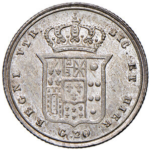 reverse: Napoli. Ferdinando II di Borbone (1830-1859). Da 20 grana 1854 AG. Pagani 276. P.R. 136. MIR 509/15. Magliocca 619. Delicata patina su fondi lucenti, FDC 