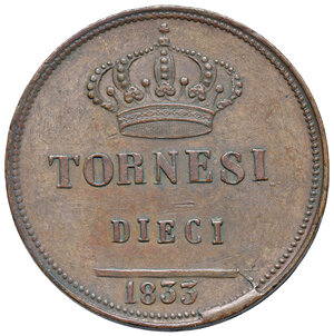 reverse: Napoli. Ferdinando II di Borbone (1830-1859). Da 10 tornesi 1833 CU. Pagani 326c. P.R. 181. MIR 518/3. Magliocca 667. Ex asta Artemide XXIX/2010, 708.  Rara. q.SPL