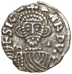 obverse: Benevento. Sicardo principe (742-751). Solido AV gr. 3,53. CNI 4 var. MEC 1, 1108. D’Andrea Campania vol. I, 61. MIR 220. Raro. q.SPL 