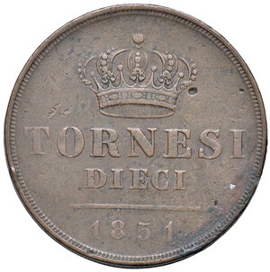 reverse: Napoli. Ferdinando II di Borbone (1830-1859). Da 10 tornesi 1851 CU. Pagani 345. P.R. 199. MIR 521. Magliocca 688. Molto rara. q.BB 