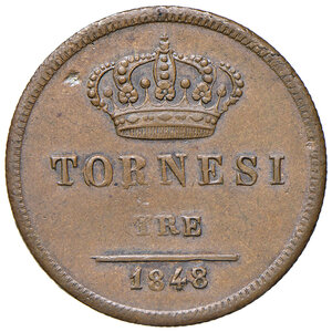 reverse: Napoli. Ferdinando II di Borbone (1830-1859). Da 3 tornesi 1848 CU. Pagani 388. P.R. 237. MIR 526/3. Magliocca 724. Molto rara. Migliore di BB 