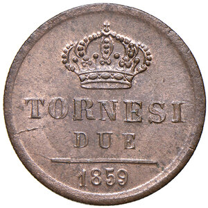 reverse: Napoli. Ferdinando II di Borbone (1830-1859). Da 2 tornesi 1859 CU. Pagani 413. P.R. 261. MIR 528/15. Magliocca 747. Ex asta Artemide XXII/2008, 564.  Rame rosso, q.FDC 