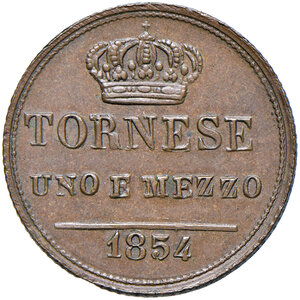 reverse: Napoli. Ferdinando II di Borbone (1830-1859). Da 1 tornese e mezzo 1854 CU. Pagani 451. P.R. 275. MIR 531/4. Magliocca 764. Ex asta Raffaele Negrini 30/2009, 1089. Raro. SPL 